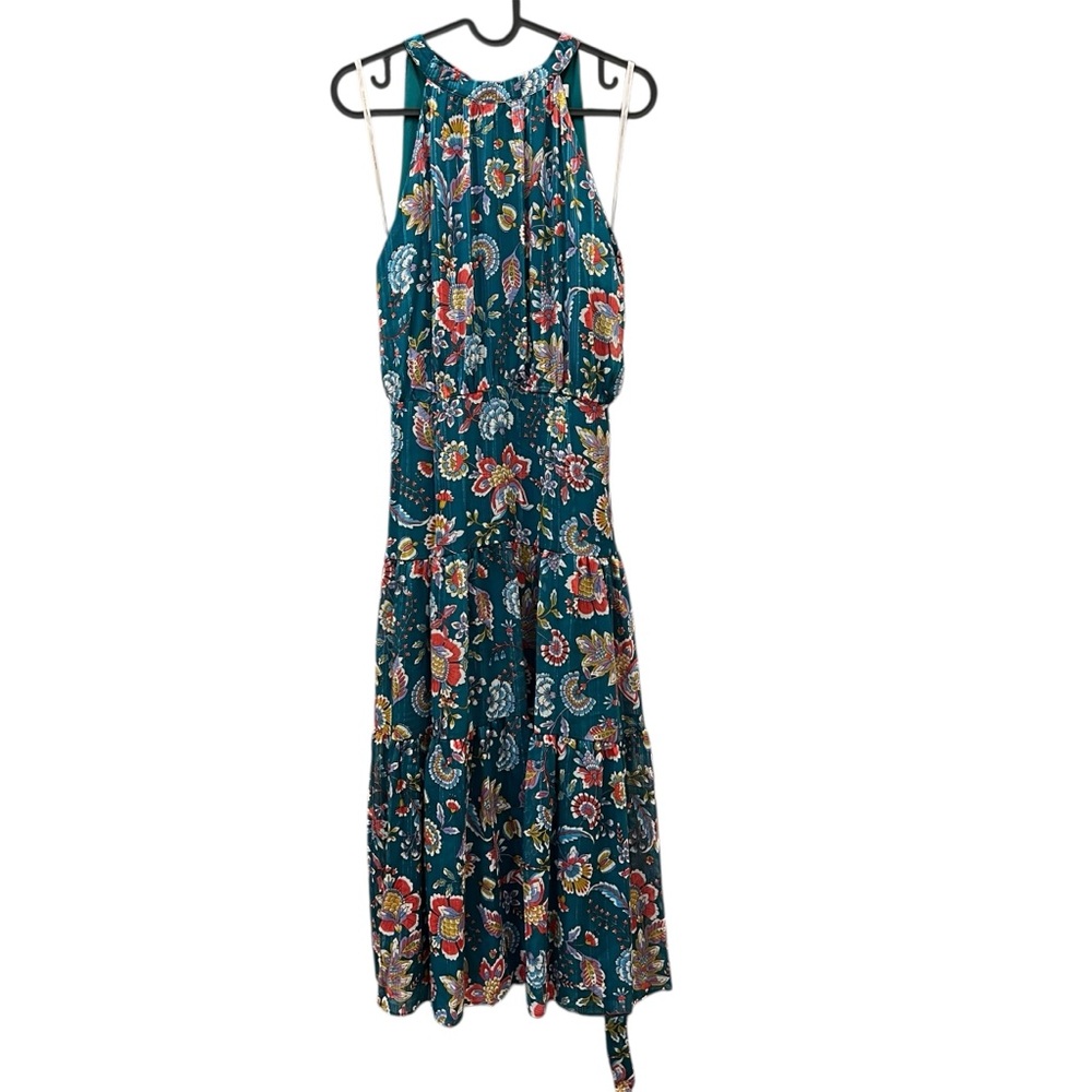 Nanette Lepore 8 Halter Dress Teal Blue Floral Tiered Midi Shimmer Belted Flowy